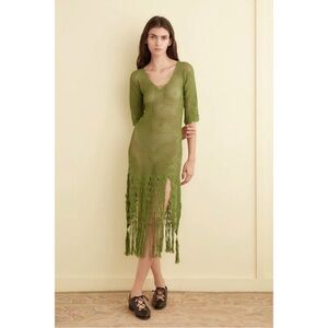 BODE Size M Apple Green Flint 100% Cotton Crochet Midi Dress Macrame Fringe Hem